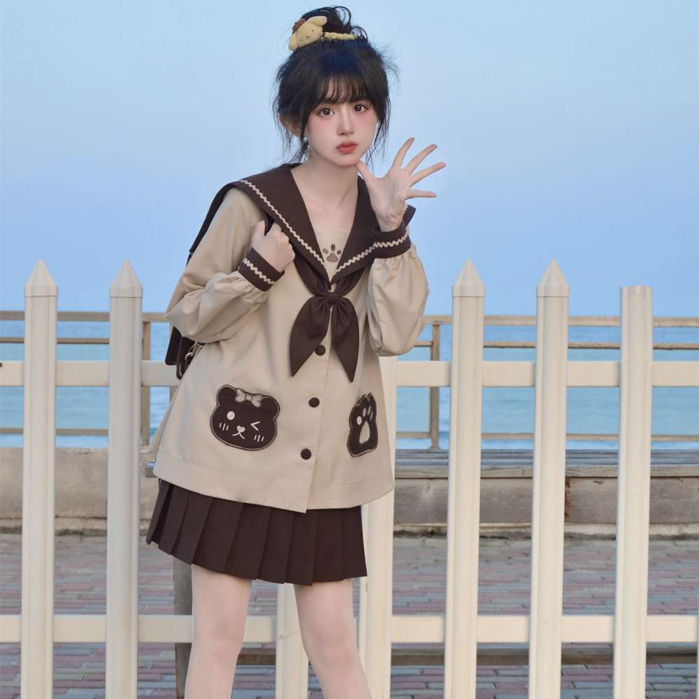 セーラー服 猫モチーフ 可愛い 風長袖ワンピース