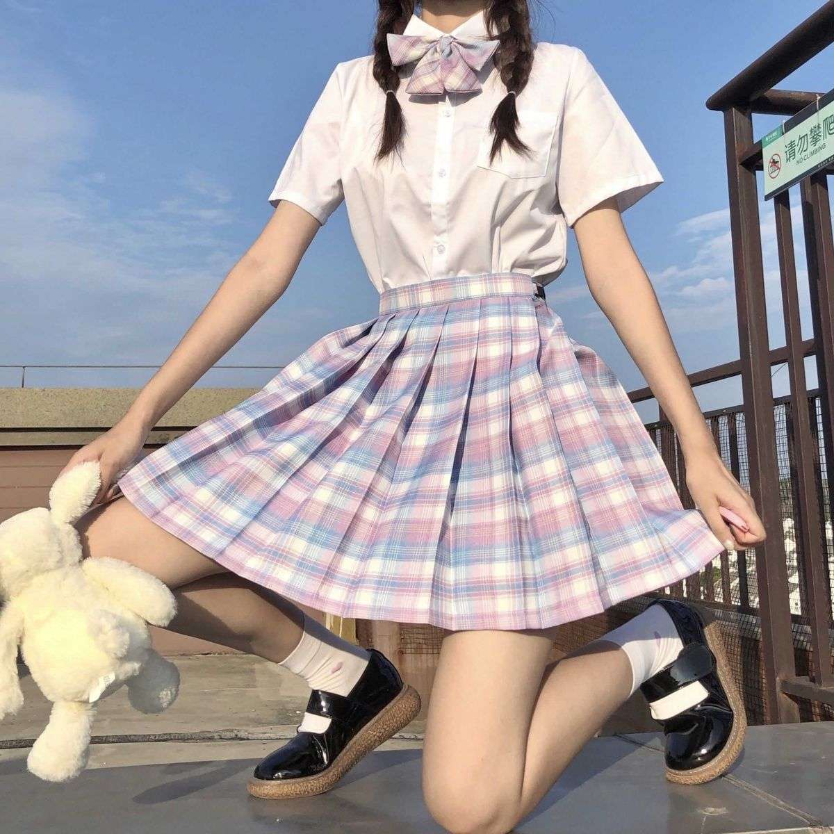 セーラー服 パステルチェック柄プリーツスカート制服セット