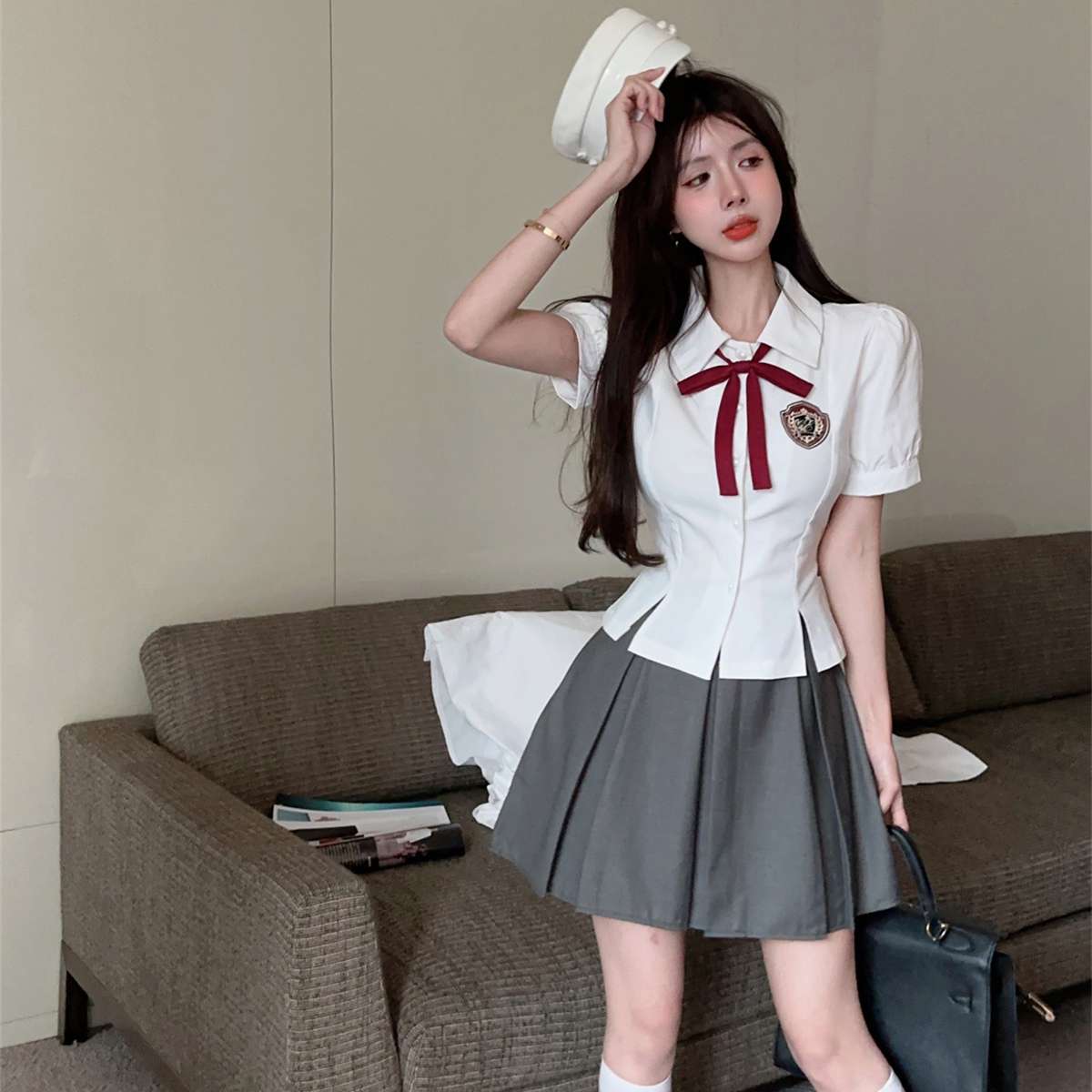 セーラー服 学園風 コスプレ衣装 白×グレー