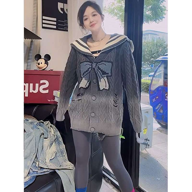 セーラー服 リボン柄ニットセーラーカラーセーター