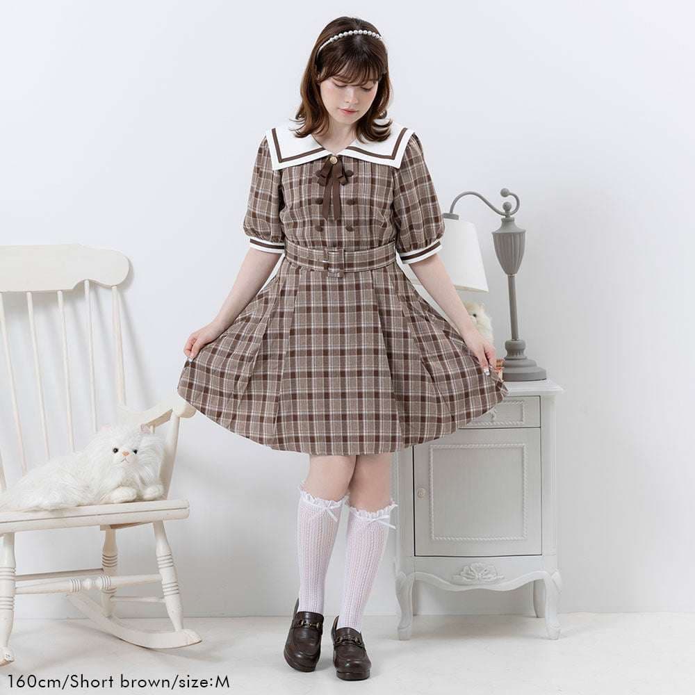 セーラー服 レトロ可愛いチェック柄セーラーカラーワンピース