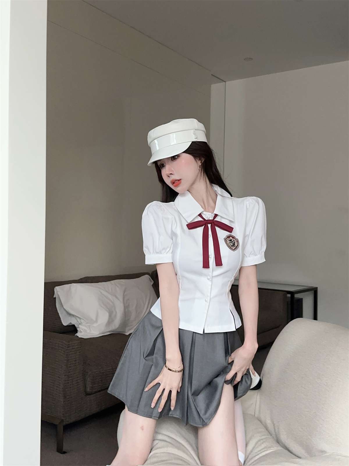 セーラー服 学園風 コスプレ衣装 白×グレー