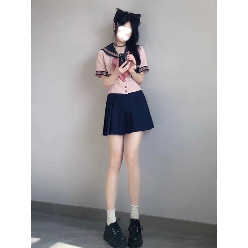 セーラー服 ピンク×紺 リボン付き セット