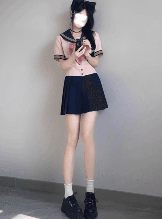 セーラー服 ピンク×紺 リボン付き セット