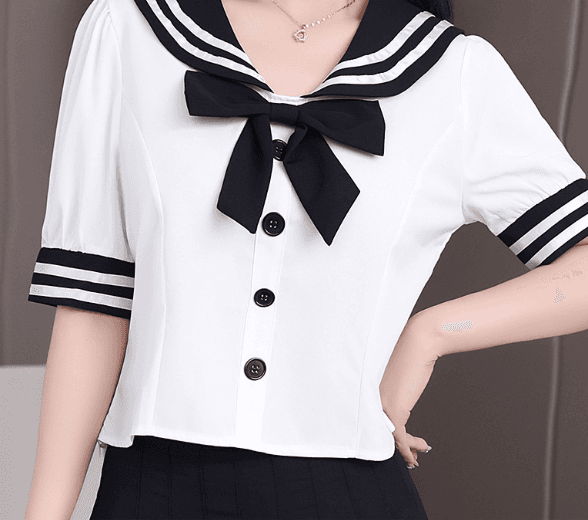 セーラー服 白トップス×黒スカート セーラー風制服セット