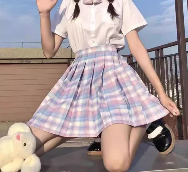 セーラー服 パステルカラー チェック柄プリーツスカート制服セット