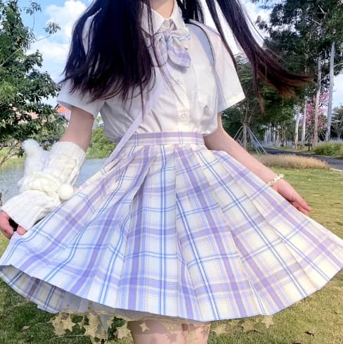 セーラー服 パステルカラー チェック柄プリーツスカート制服セット