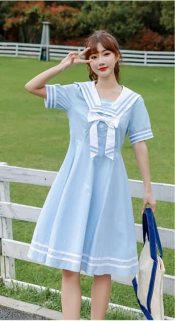セーラー服 レトロ可愛い紺色セーラーカラーワンピース
