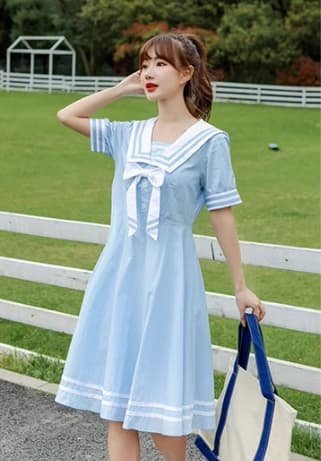 セーラー服 レトロ可愛い紺色セーラーカラーワンピース