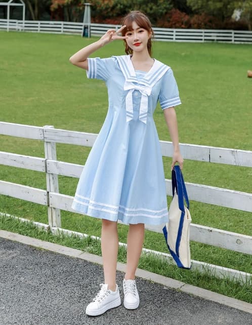 セーラー服 レトロ可愛い紺色セーラーカラーワンピース