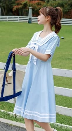 セーラー服 レトロ可愛い紺色セーラーカラーワンピース