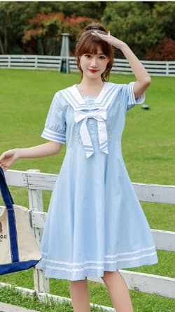 セーラー服 レトロ可愛い紺色セーラーカラーワンピース