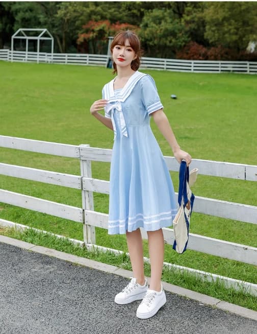セーラー服 レトロ可愛い紺色セーラーカラーワンピース
