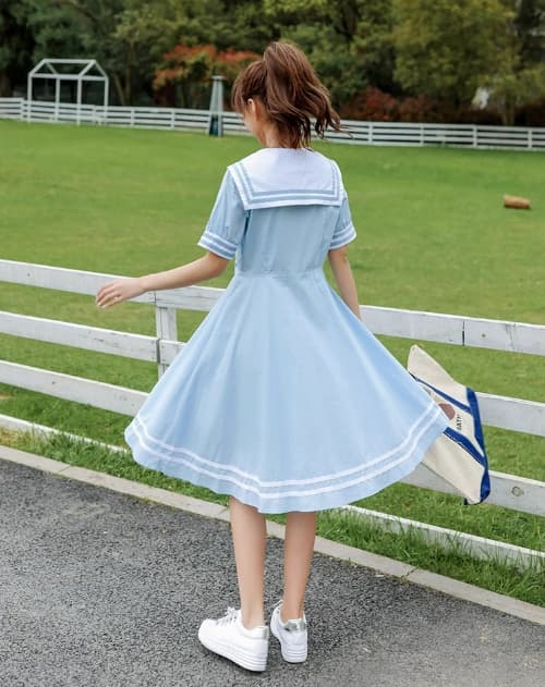 セーラー服 レトロ可愛い紺色セーラーカラーワンピース