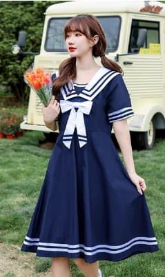 セーラー服 レトロ可愛い紺色セーラーカラーワンピース