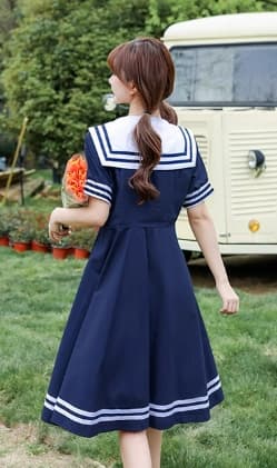 セーラー服 レトロ可愛い紺色セーラーカラーワンピース