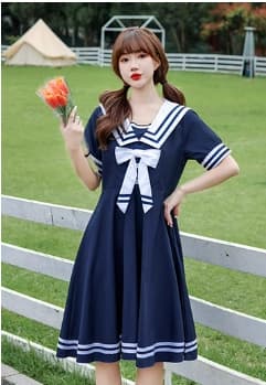 セーラー服 レトロ可愛い紺色セーラーカラーワンピース
