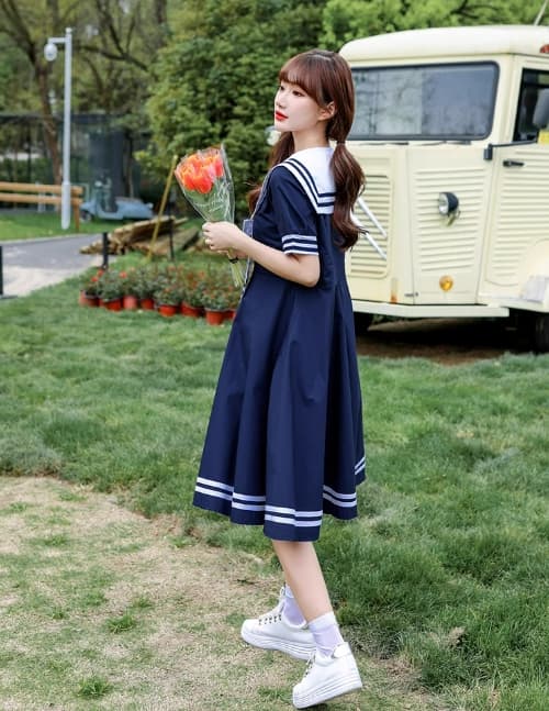 セーラー服 レトロ可愛い紺色セーラーカラーワンピース