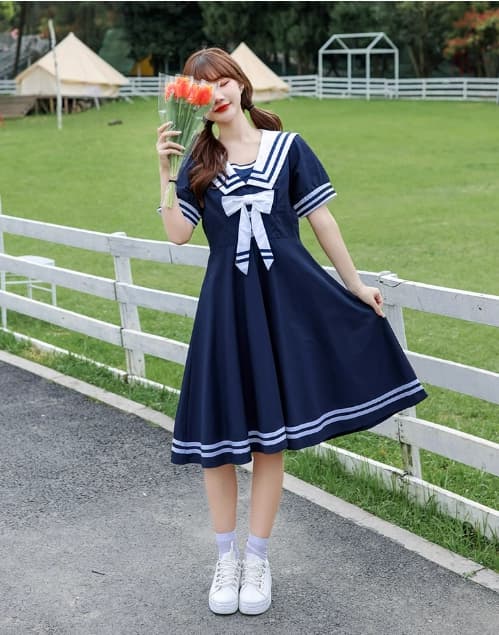 セーラー服 レトロ可愛い紺色セーラーカラーワンピース