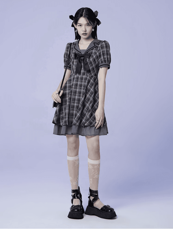 セーラー服 ゴシックロリータ風 チェック柄セーラーワンピース