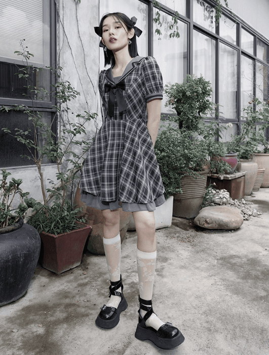 セーラー服 ゴシックロリータ風 チェック柄セーラーワンピース