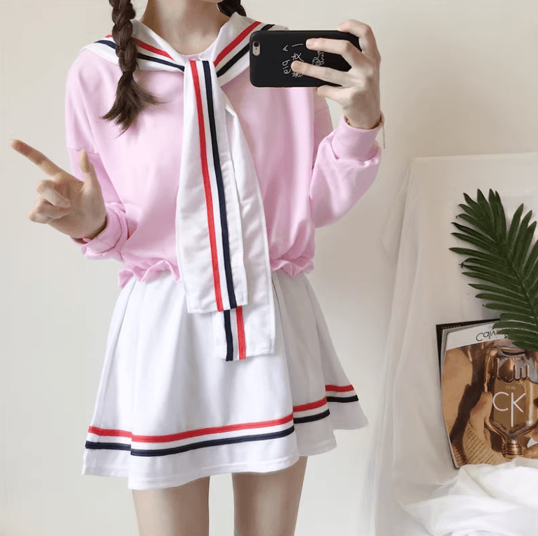 セーラー服 ピンクセーラー襟リボン付き スクールコーデセット