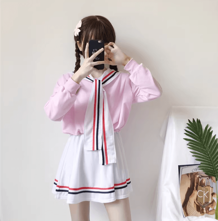 セーラー服 ピンクセーラー襟リボン付き スクールコーデセット