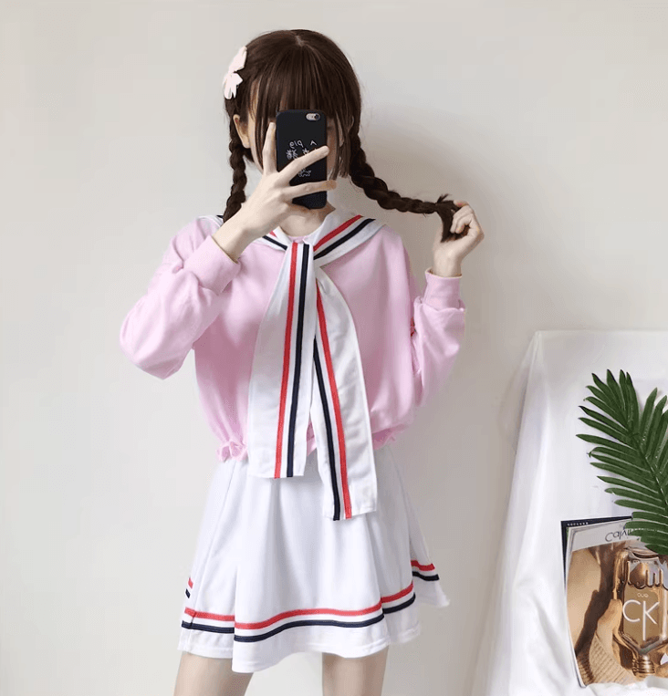 セーラー服 ピンクセーラー襟リボン付き スクールコーデセット