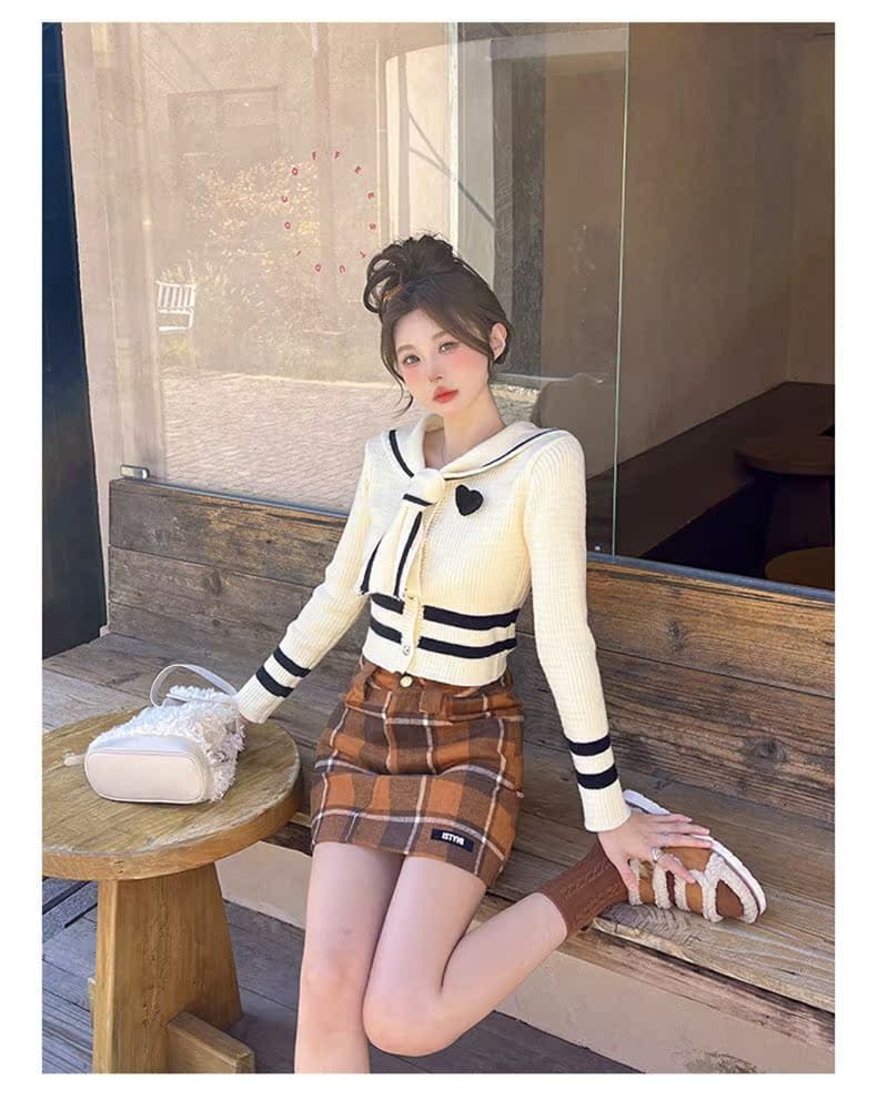セーラー服 レトロ可愛いセーラー風ニットカーディガン