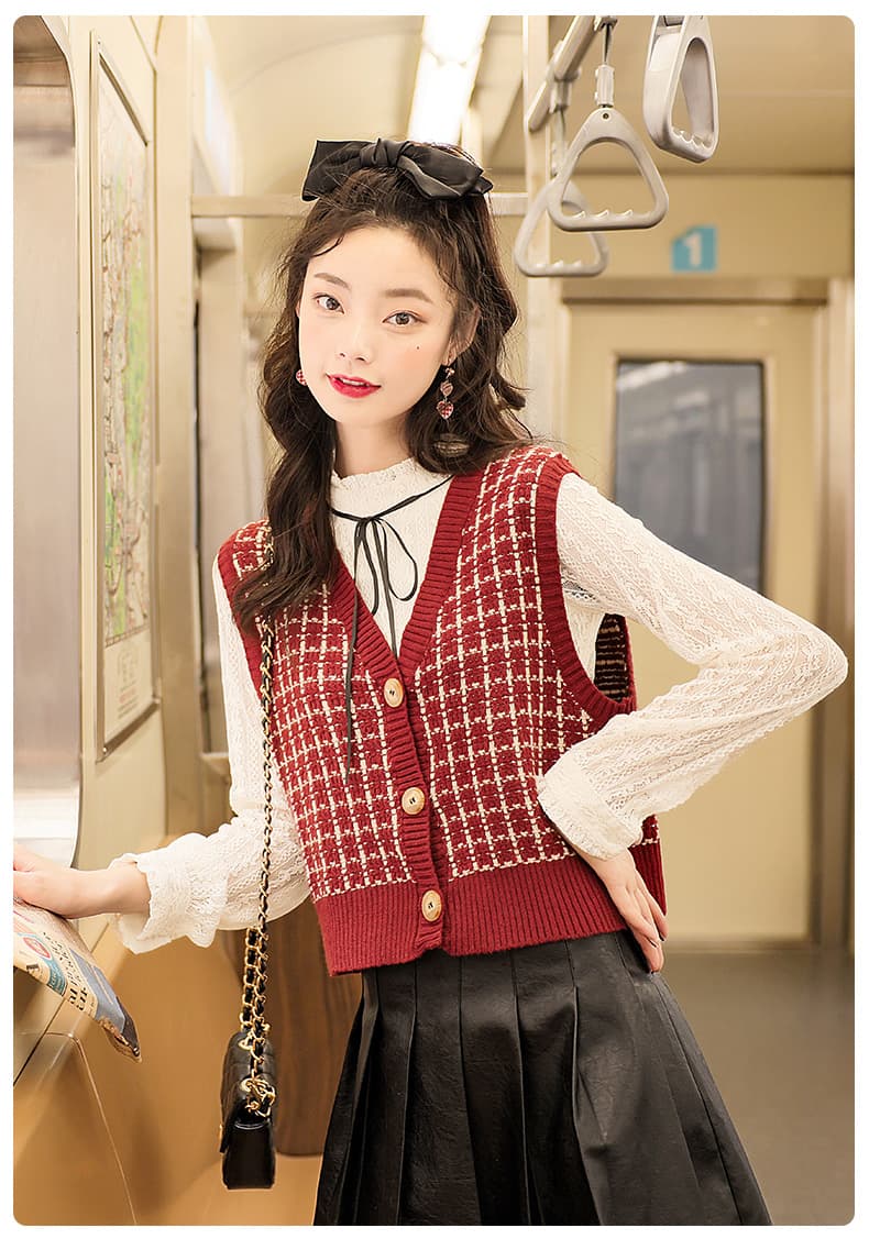 セーラー服 千鳥格子柄ニットベスト付きセーラー風セーター