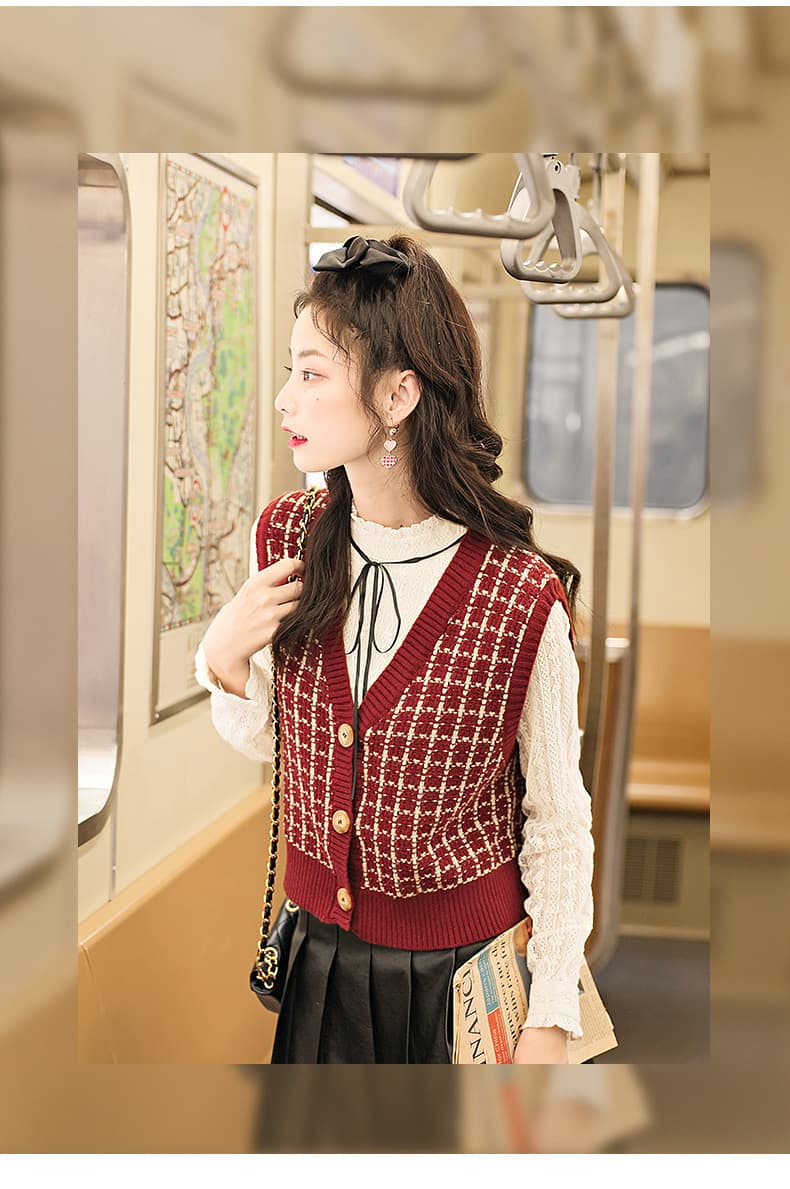 セーラー服 千鳥格子柄ニットベスト付きセーラー風セーター