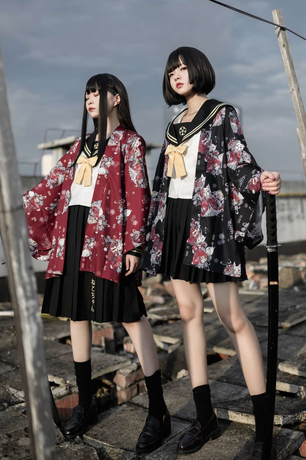 セーラー服 和風 コスプレ 花柄着物風羽織セット