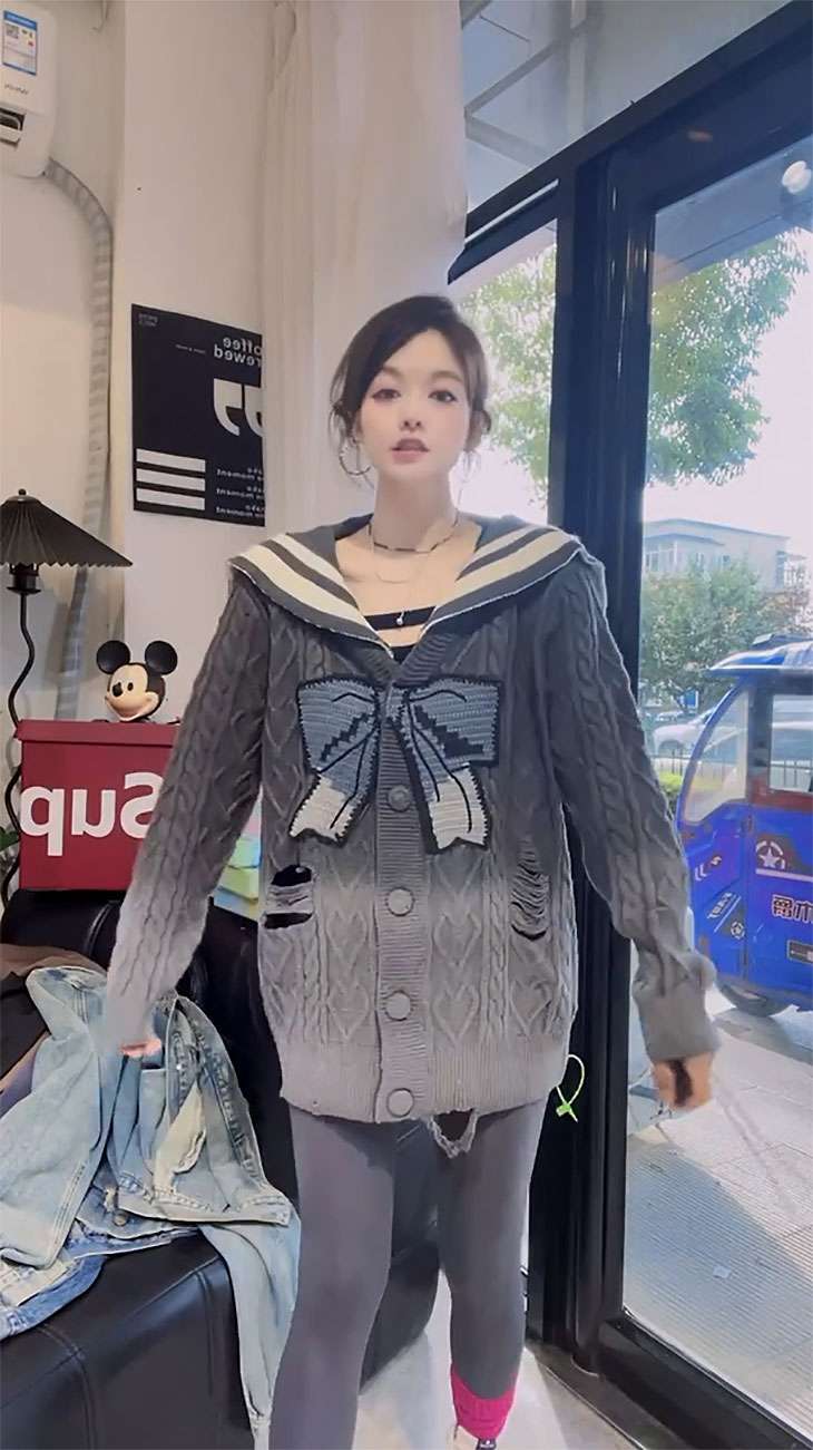 セーラー服 リボン柄ニットセーラーカラーセーター