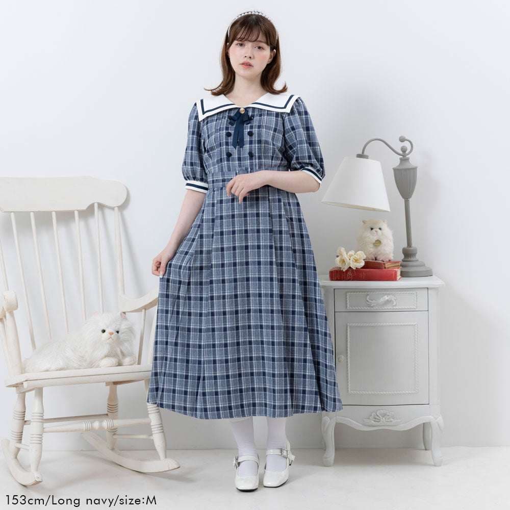 セーラー服 レトロ可愛いチェック柄セーラーカラーワンピース