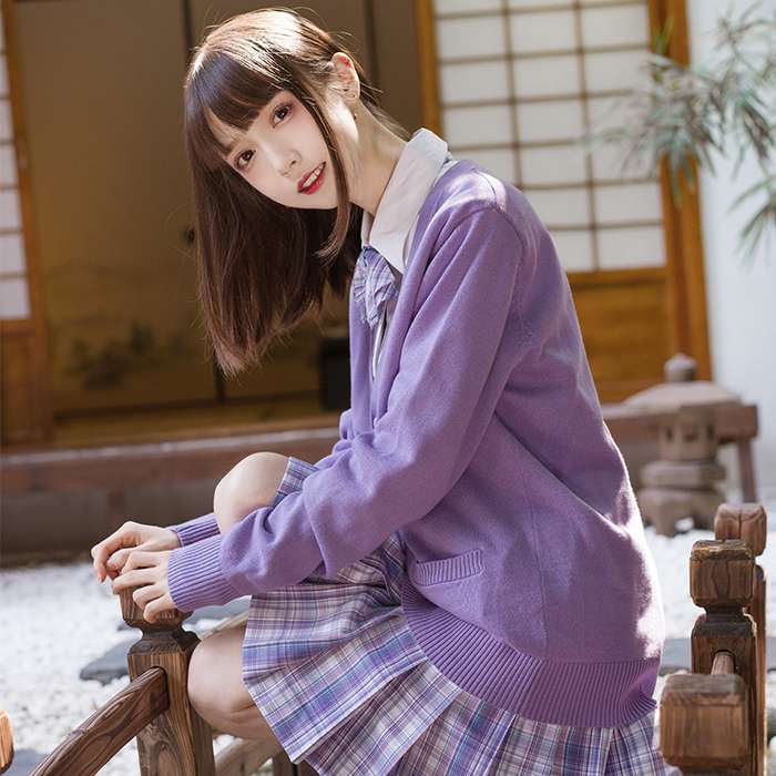 セーラー服 紫色学園風カーディガン＆プリーツスカートセット