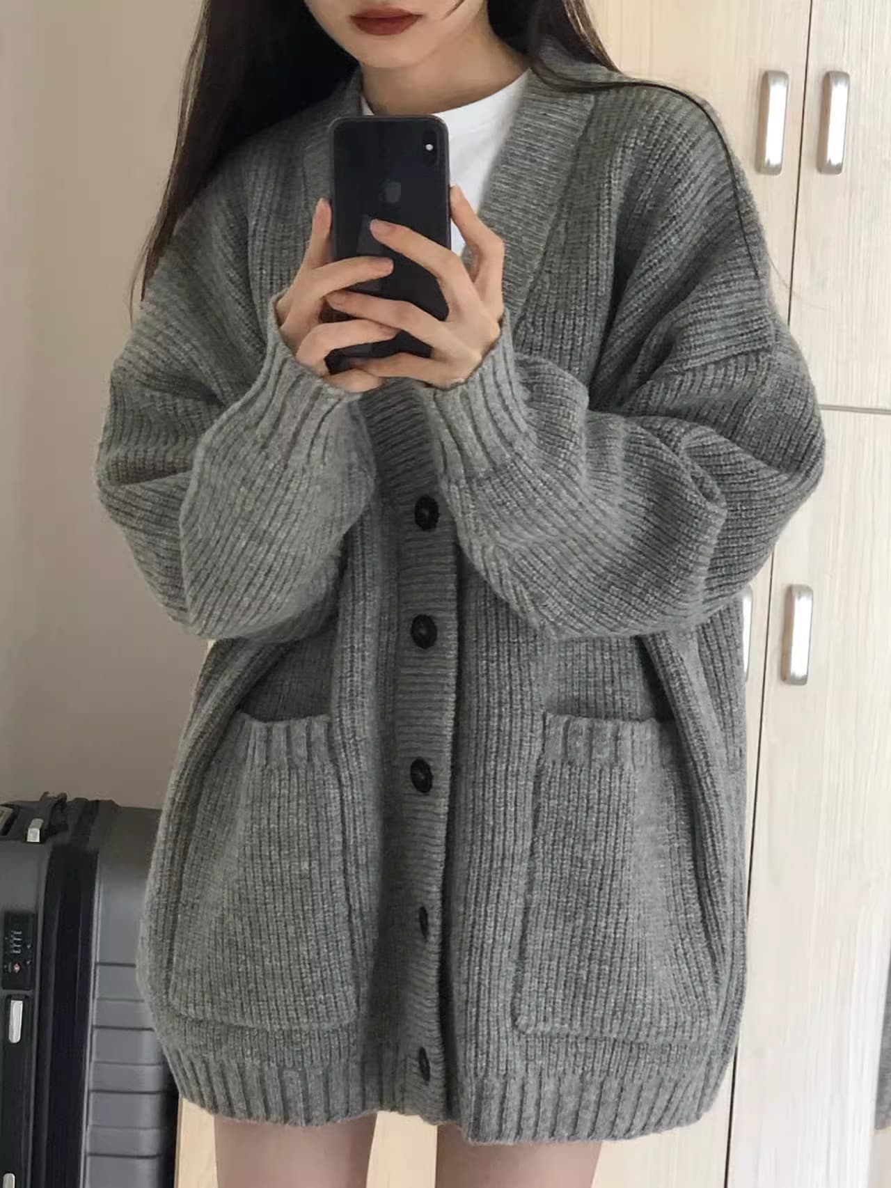 セーラー服 ふんわりリブ編みポケット付きニットカーディガン