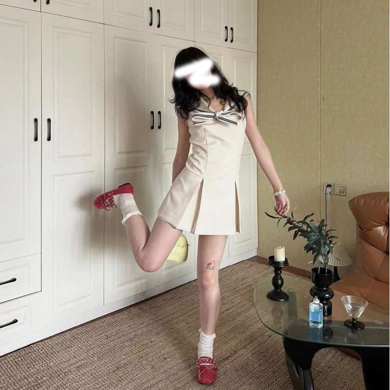 セーラー服 セーラーリボン付きプリーツミニワンピース