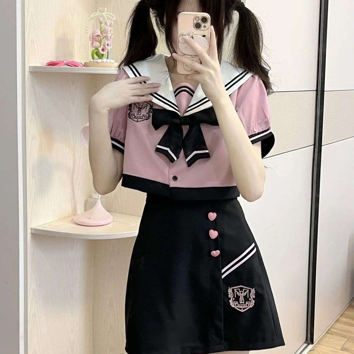 セーラー服 ピンク×黒 ハートアクセント セット