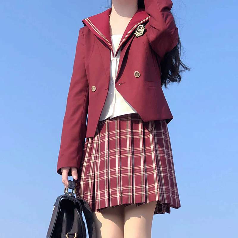 セーラー服 濃色のジャケットと格子柄スカートの組み合わせ 上下セット