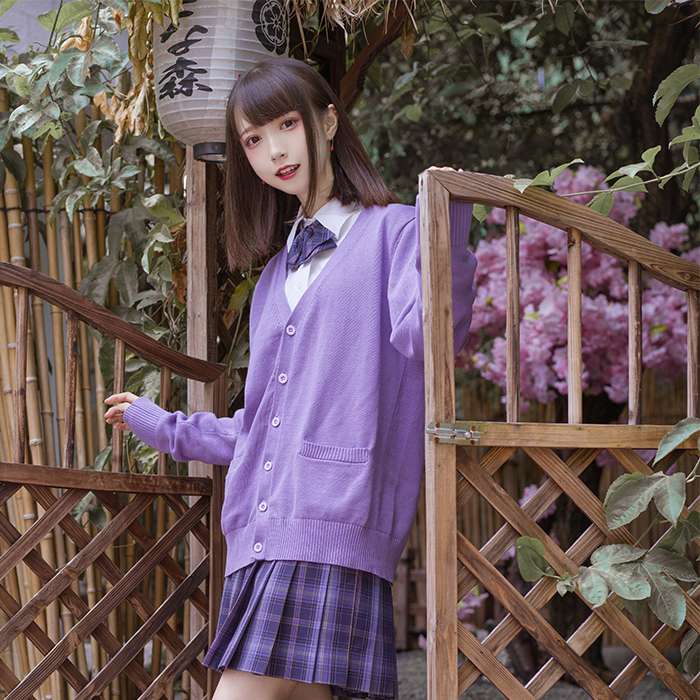 セーラー服 紫色学園風カーディガン＆プリーツスカートセット