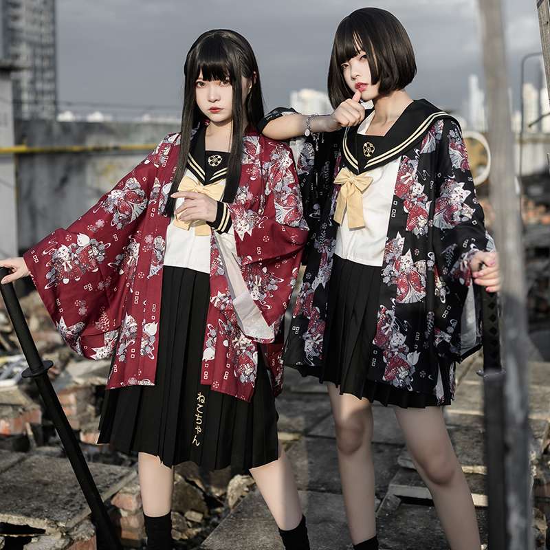 セーラー服 和風 コスプレ 花柄着物風羽織セット