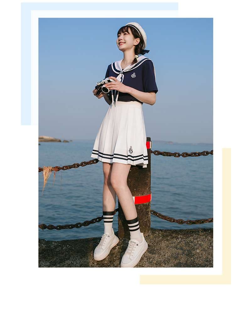セーラー服 爽やかマリン風セーラーカラーTシャツセット