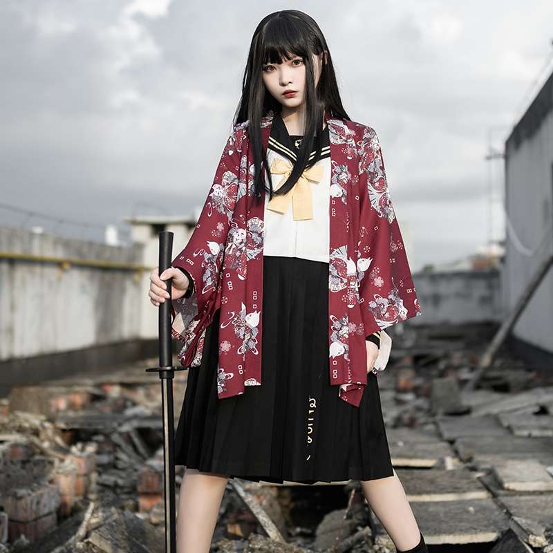 セーラー服 和風 コスプレ 花柄着物風羽織セット