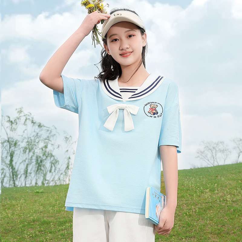 セーラー服 学園風リボン付きセーラーカラーTシャツ