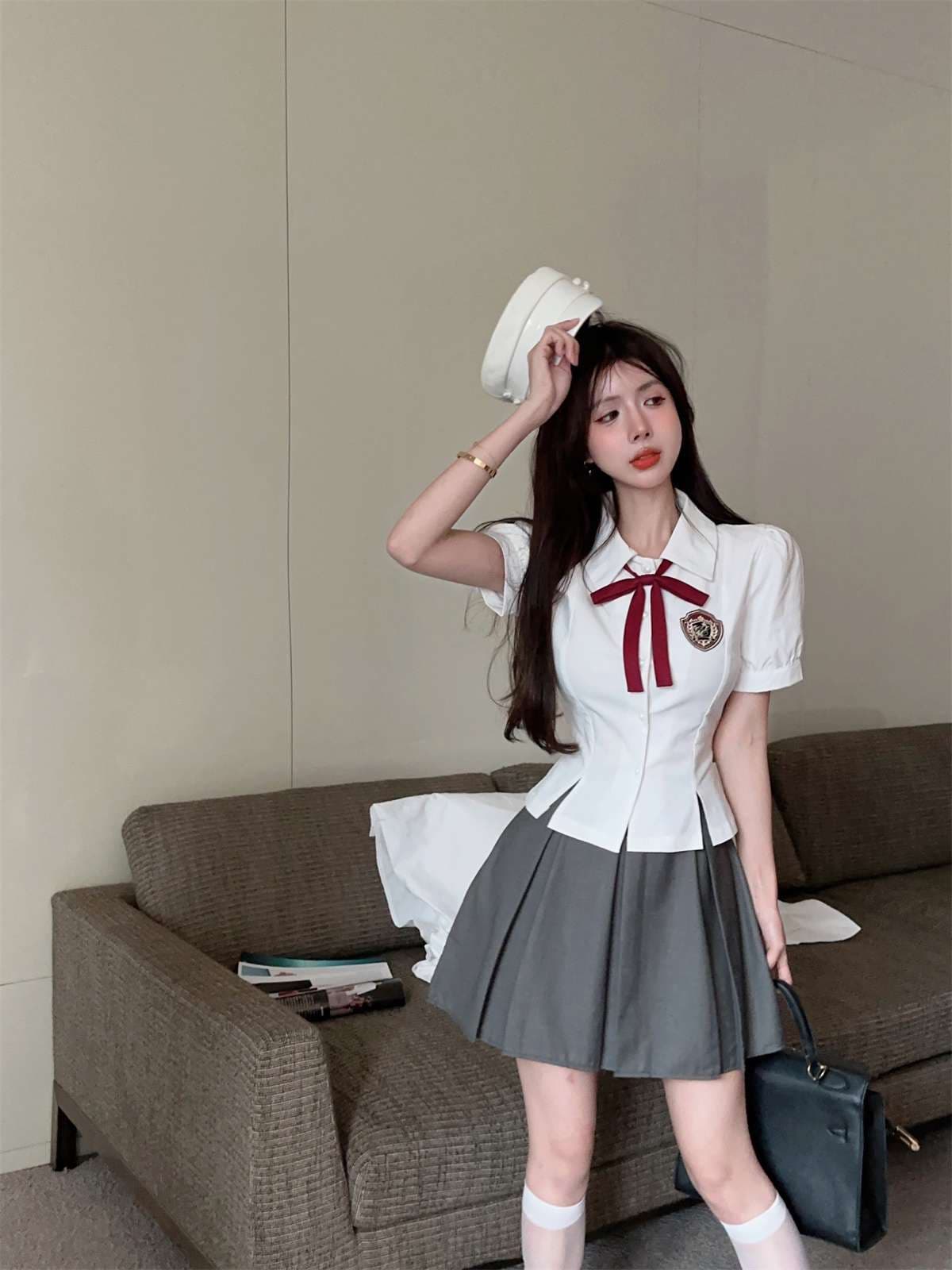 セーラー服 学園風 コスプレ衣装 白×グレー