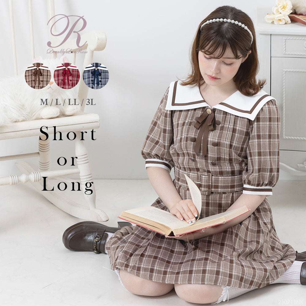 セーラー服 レトロ可愛いチェック柄セーラーカラーワンピース