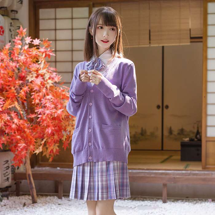 セーラー服 紫色学園風カーディガン＆プリーツスカートセット