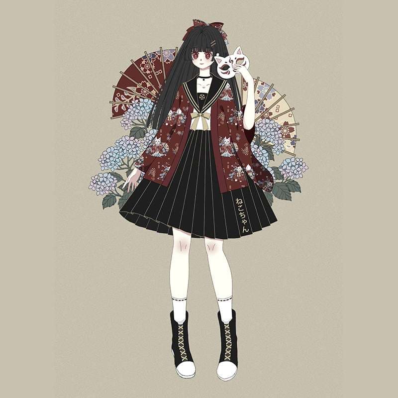 セーラー服 和風 コスプレ 花柄着物風羽織セット