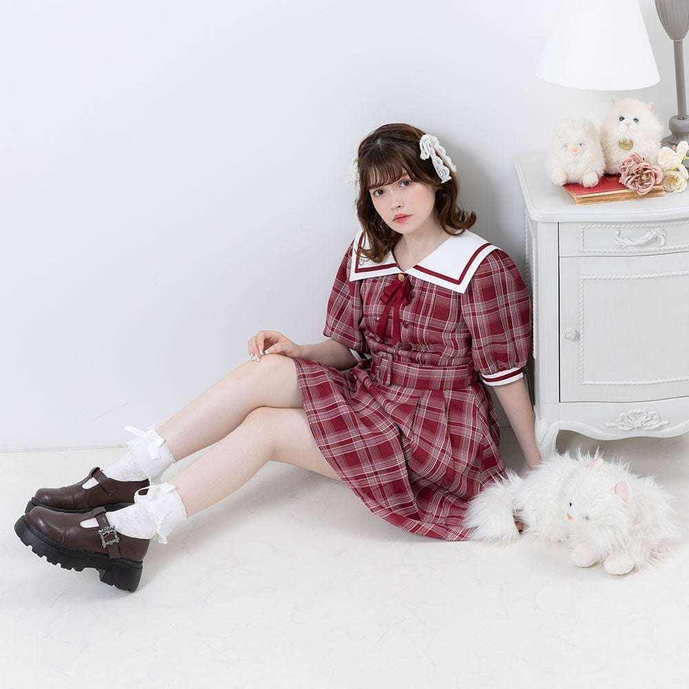 セーラー服 レトロ可愛いチェック柄セーラーカラーワンピース