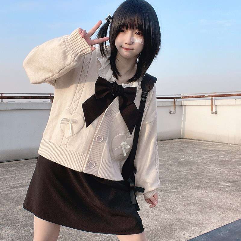 セーラー服 ハート刺繍リボン付きセーラー風カーディガン